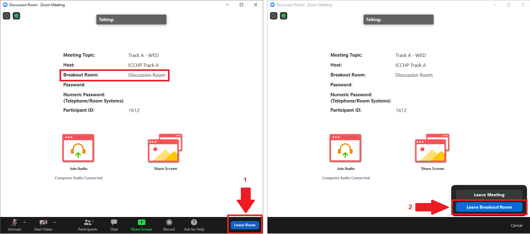 A screenshot of how to leave a breakout room using Zoom's GUI