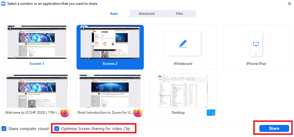 A screenshot of how to select a window/application to share in Zoom